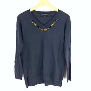 Ann Taylor Navy Blue Jeweled Long Sleeve Tee Sz M